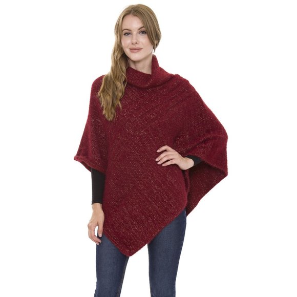 WOMENS WINE LUREX KNITTED TURTLENECK PONCHO - OS - Picture 2 of 5